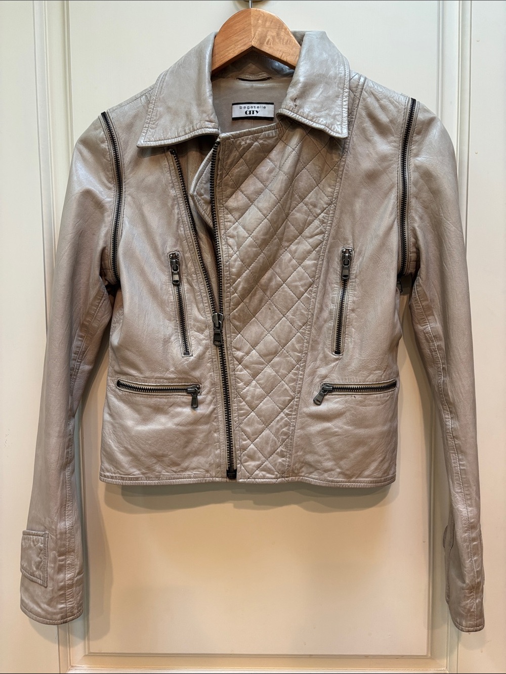 bagatelle Quilted Panel Leather Moto Jacket in Light Taupe